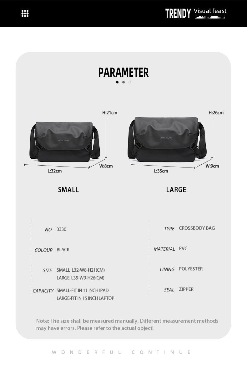Waterproof Crossbody Bag Men Large Capacity 15 inch Laptop Fashion Shoulder Bag Solid Black Light Portable Anti-theft Zipper Bag
