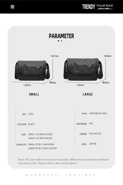 Waterproof Crossbody Bag Men Large Capacity 15 inch Laptop Fashion Shoulder Bag Solid Black Light Portable Anti-theft Zipper Bag