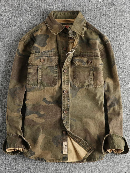 2024 Autumn and Winter New American Retro Woven Camouflage Cargo Shirt Men's 100% Cotton Washed Old Double Pockets Thin Jacket