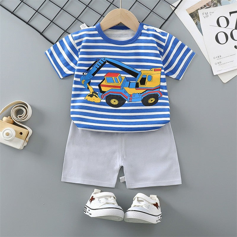 Cotton Pajama Cartoon T-Shirt+Shorts 2-Piece Clothing Set Kids Summer Baby Boys Girls Stripe Casual Tracksuit Clothes Suit 0-6 Y