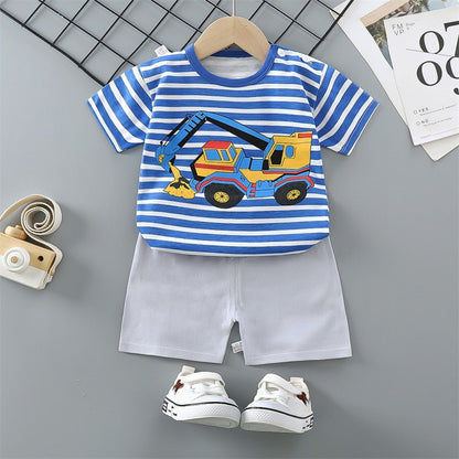 Cotton Pajama Cartoon T-Shirt+Shorts 2-Piece Clothing Set Kids Summer Baby Boys Girls Stripe Casual Tracksuit Clothes Suit 0-6 Y