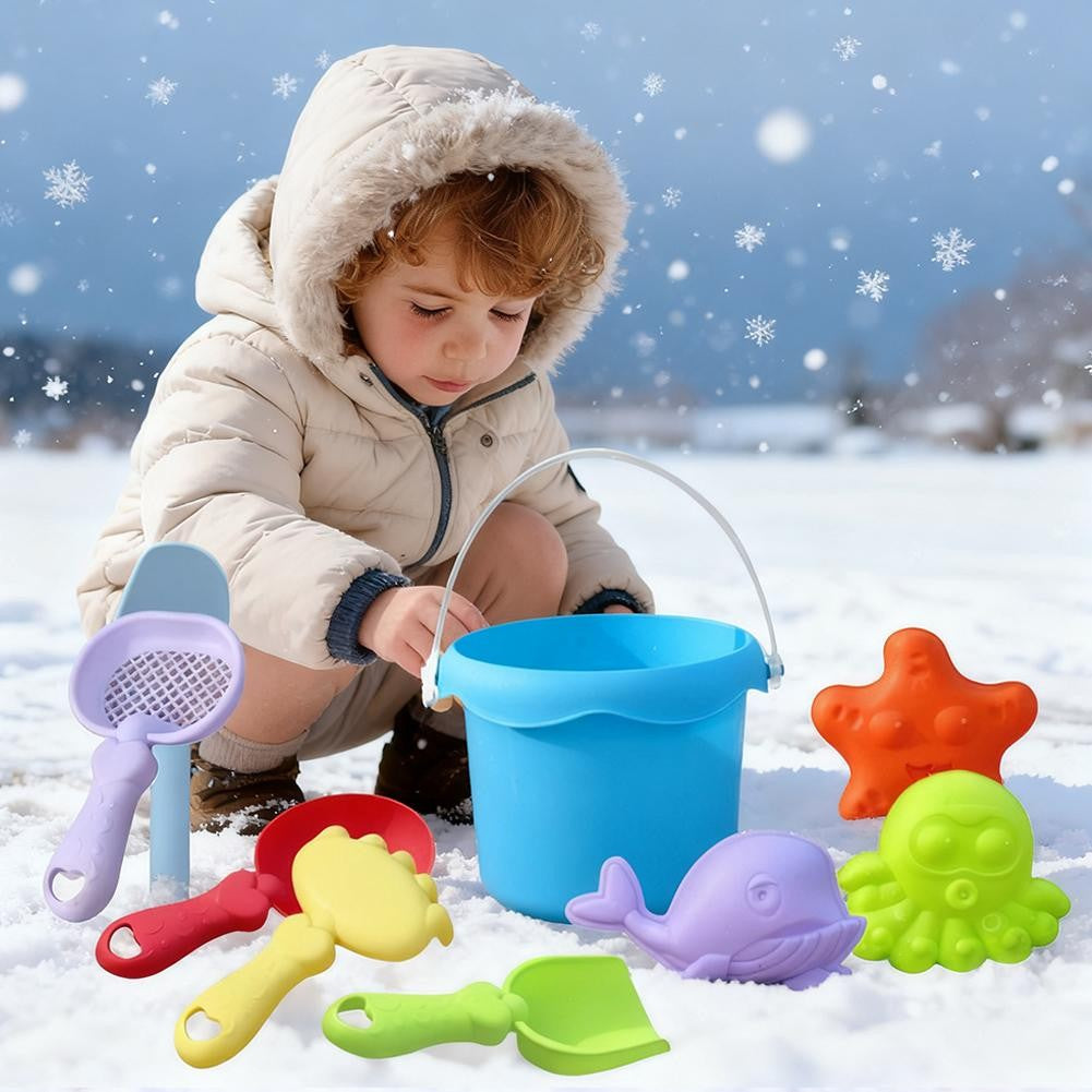 Beach Toy Set for Kids Plastic Sand Play Set with Bucket, Shovels, Molds Sea Creature Molds, Smooth Edges, Bright Colors