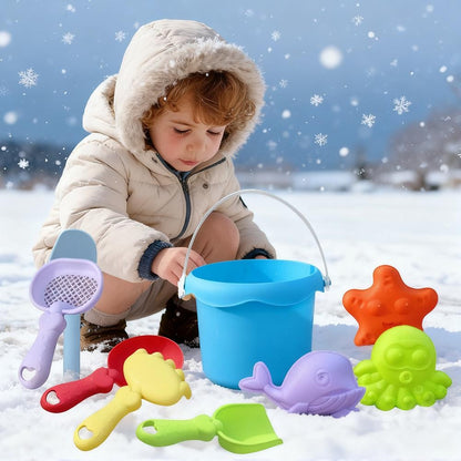 Beach Toy Set for Kids Plastic Sand Play Set with Bucket, Shovels, Molds Sea Creature Molds, Smooth Edges, Bright Colors