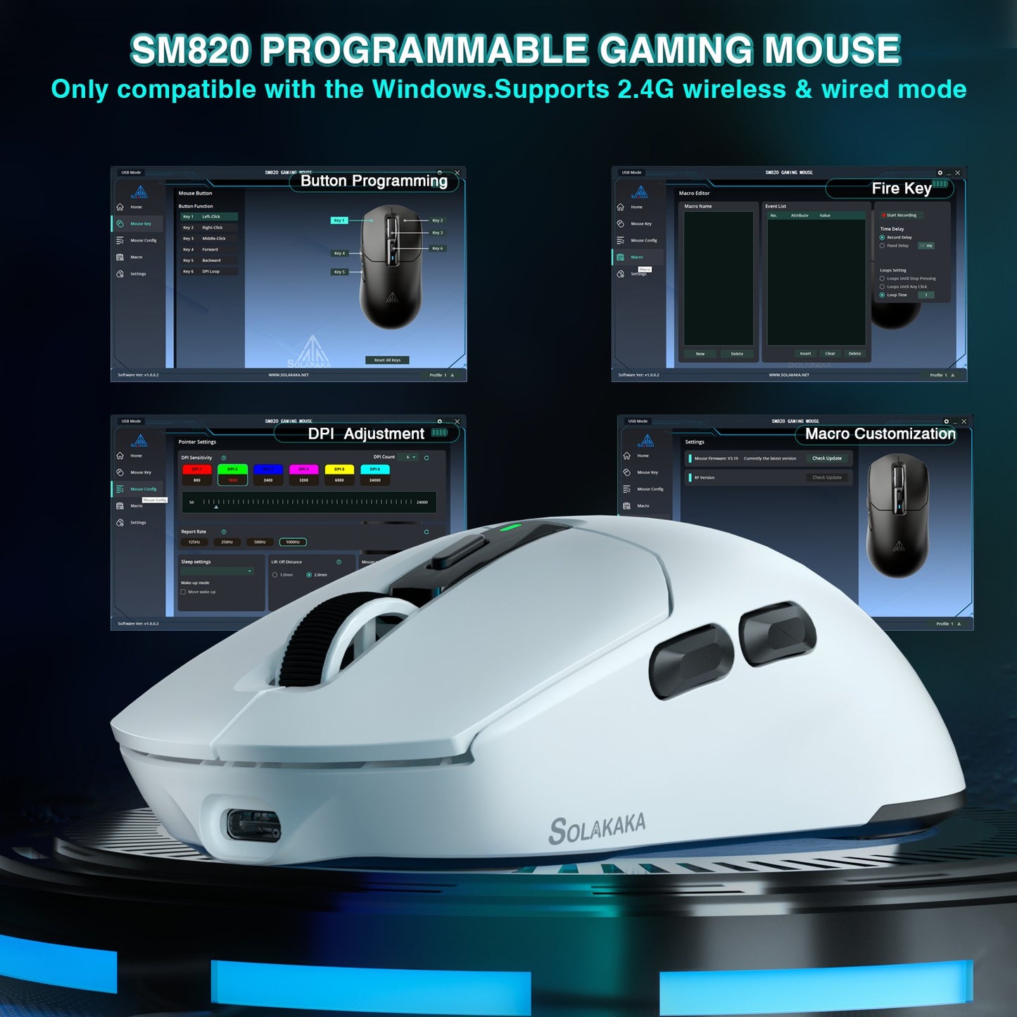 Mouse Gamer Sem Fio Tri-modo SOLAKAKA SM820 com Base Magnética Recarregável RGB PAW3311 24000DPI Macro Leve