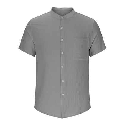 2025 Summer New Style Casual Beach Short-Sleeved Solid Color Shirt with Standing Collar and Pockets for Men