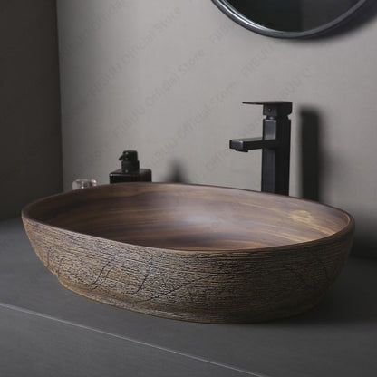 Cuba de Cerâmica Marrom para Lavatório de Banheiro Oval Artística para Mesa de Banheiro, Bacia de Lavar Roupa para Varanda, Bacia de Pedestal Acima do Balcão