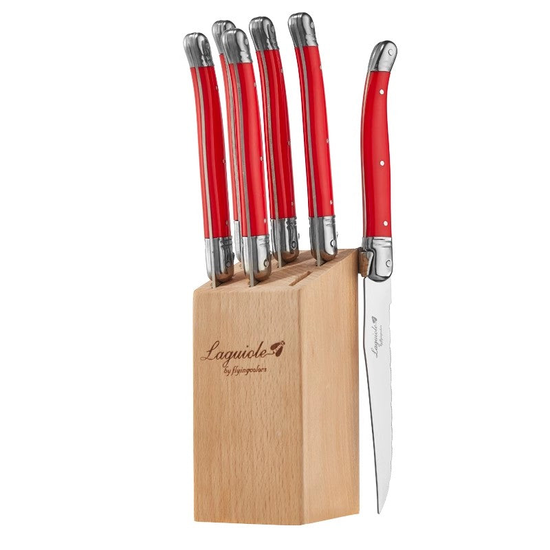 Conjunto de Facas de Churrasco Laguiole em Aço Inoxidável 6/7 Peças, Facas de Churrasco com Suporte de Madeira, Faca de Jantar de Aço, Conjunto de Talheres Coloridos de Natal