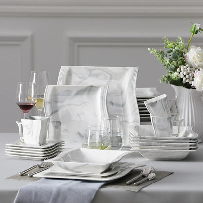 MALACASA FLORA 30PCS Marble Porcelain Dinnerware Set with 6 Piece Dinner Plate Dessert Plate Soup Plate Cups &Saucers