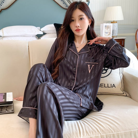 Women's Ice Silk Pajama Set Long Sleeve Long Pants Lightweight Sleepwear for Spring And Autumn Comfortable Homewear Pj Set
