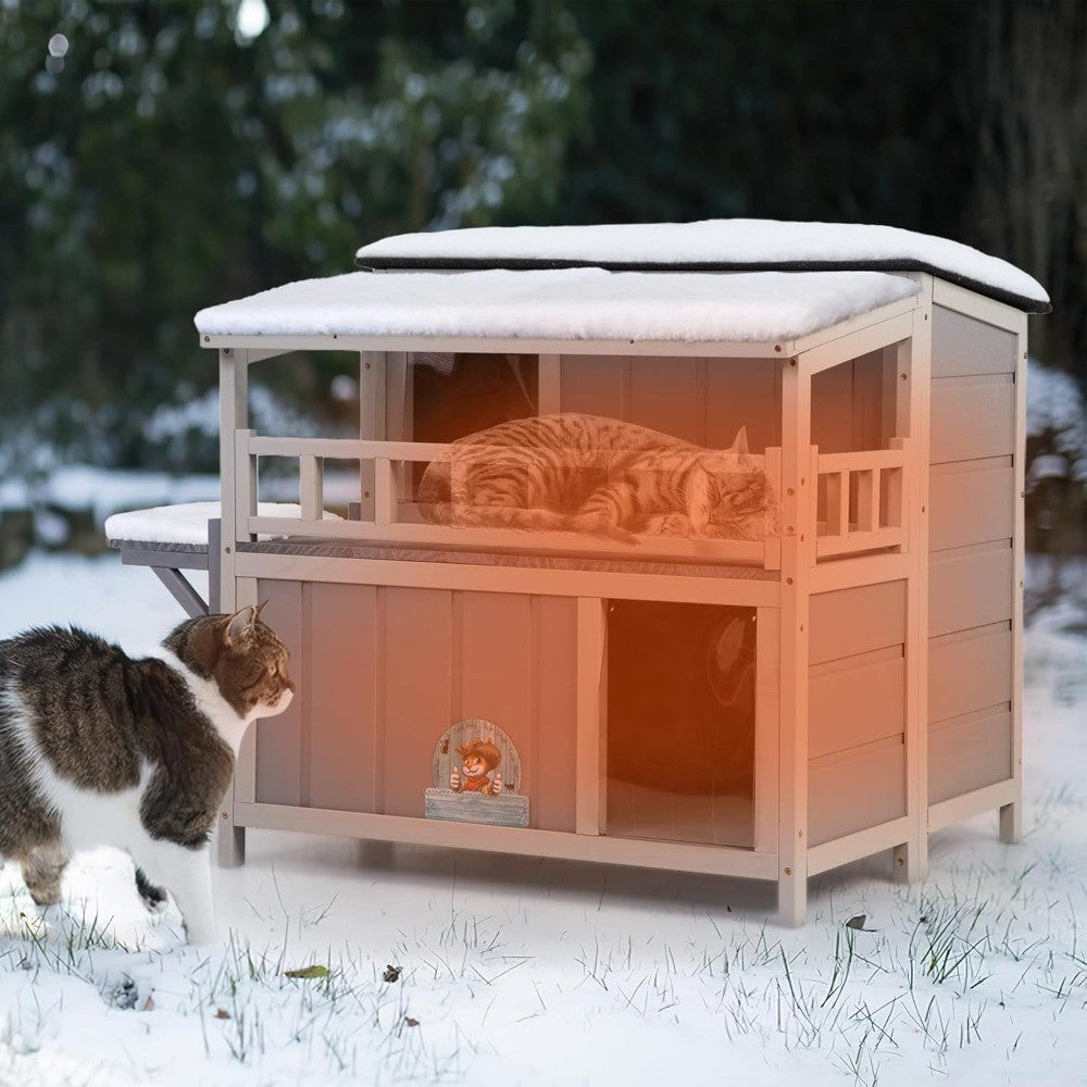 Casa de Gatos Isolada, Abrigo Quente de Madeira para Gatos com Teto Solar, Varanda, Plataformas de Salto, Recinto para Gatos de Estimação