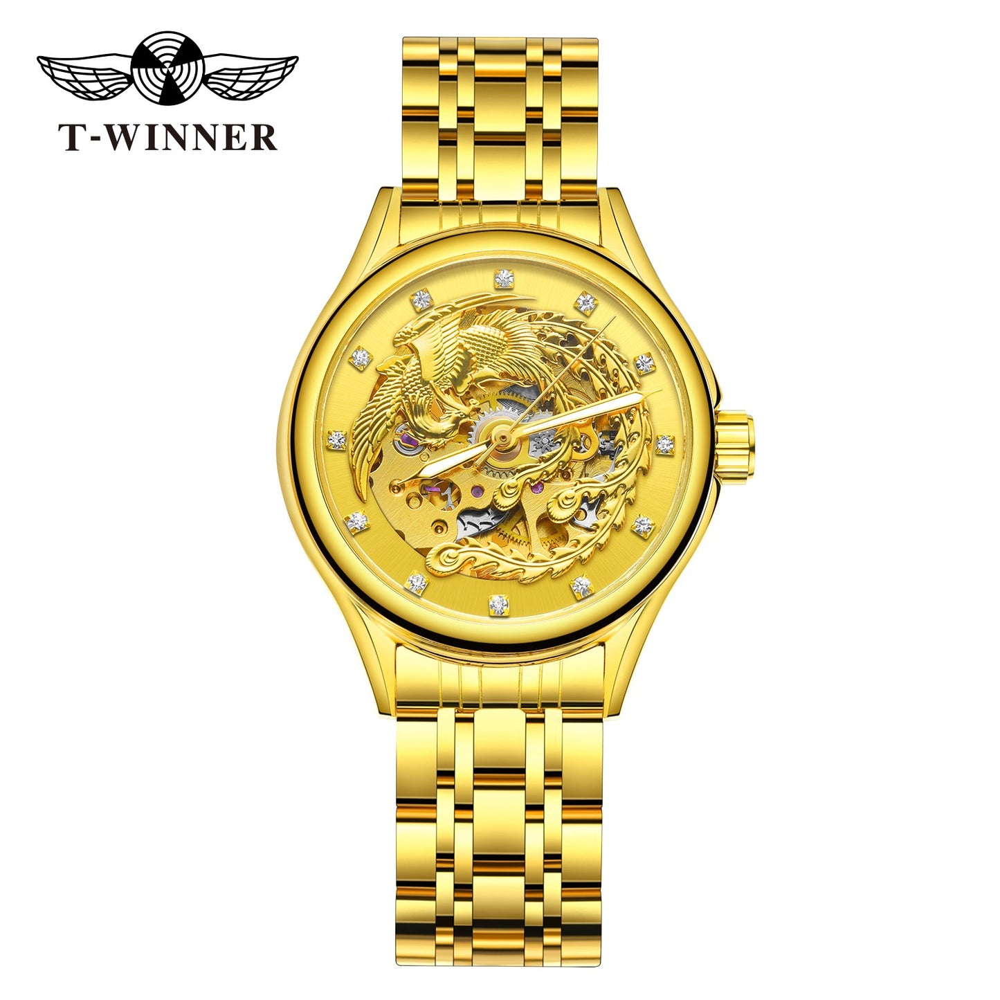 2024 Diamond Steel Skeleton Dial Golden Phoenix Women Fashion Automatic Watch Luxury Waterproof Mechanical Girl Wrist Lady Clock