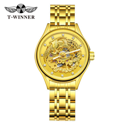 2024 Diamond Steel Skeleton Dial Golden Phoenix Women Fashion Automatic Watch Luxury Waterproof Mechanical Girl Wrist Lady Clock