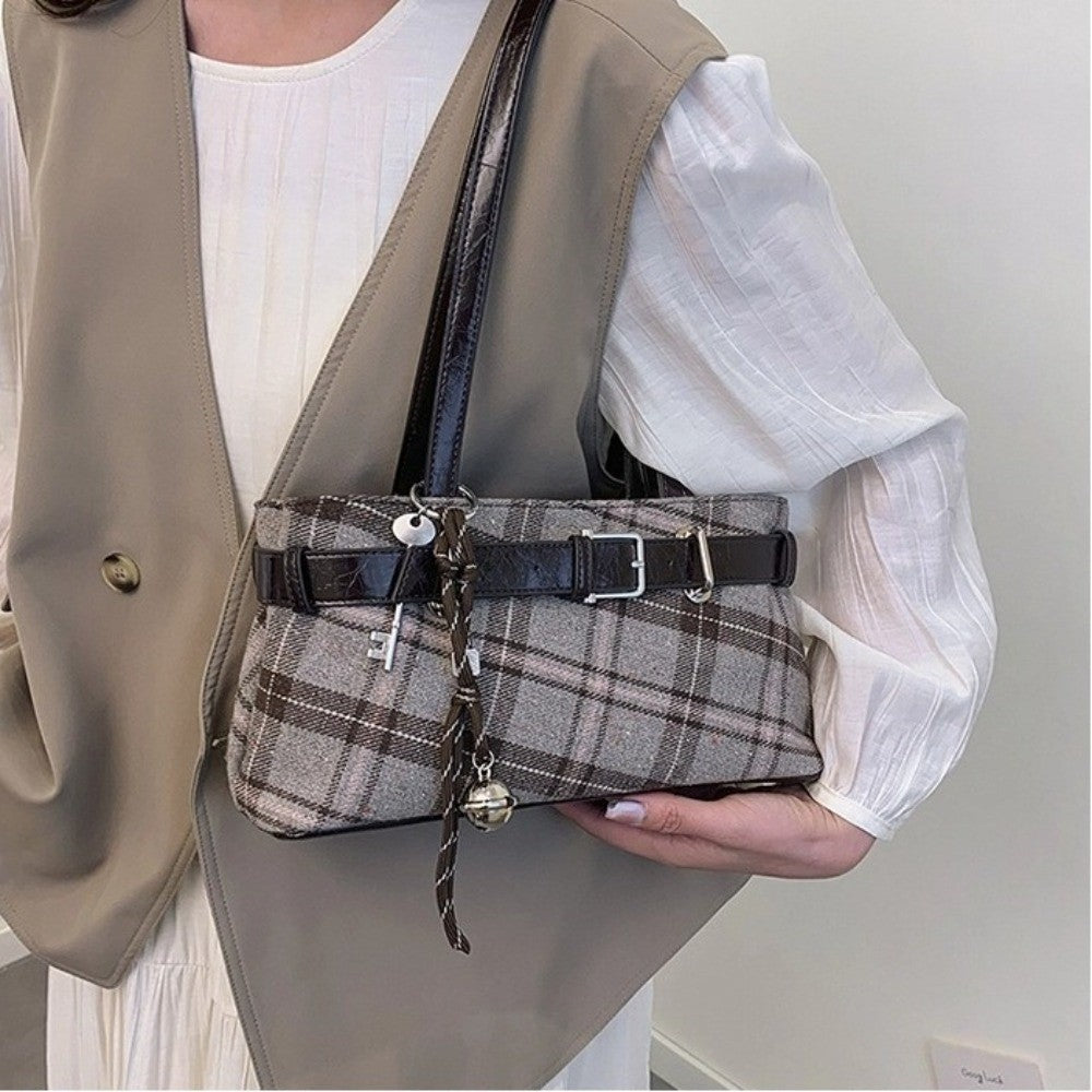 New Handbag Boho Shoulder Bag Bell Pendant Lightweight Tote Bag Plaid Women's Bag Women