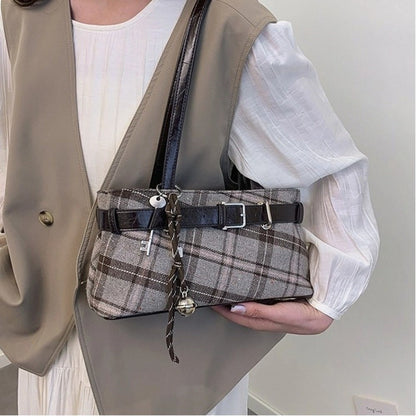 New Handbag Boho Shoulder Bag Bell Pendant Lightweight Tote Bag Plaid Women's Bag Women