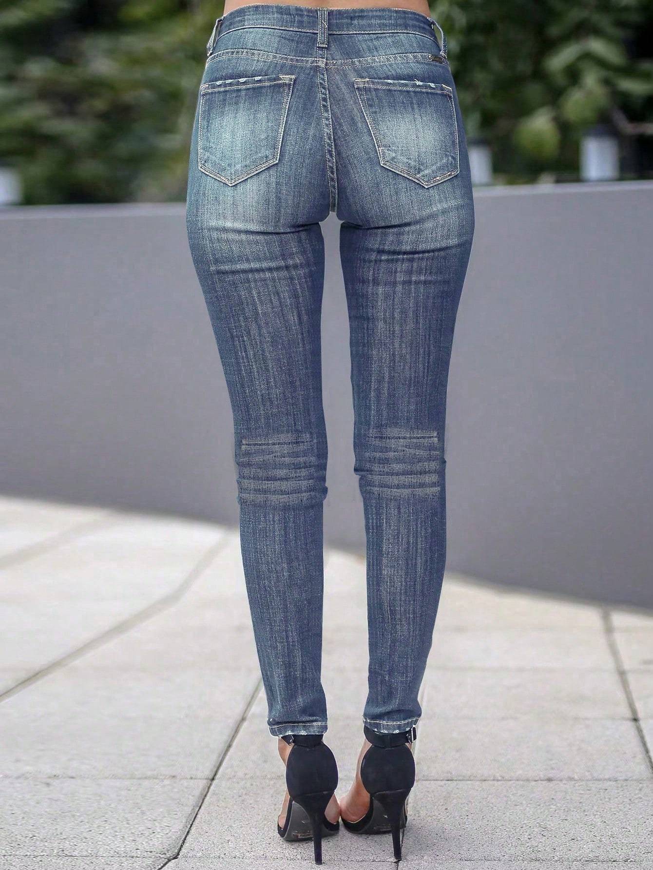 Women's jeans contrast color stitching solid color Slim Skinny Jeans
