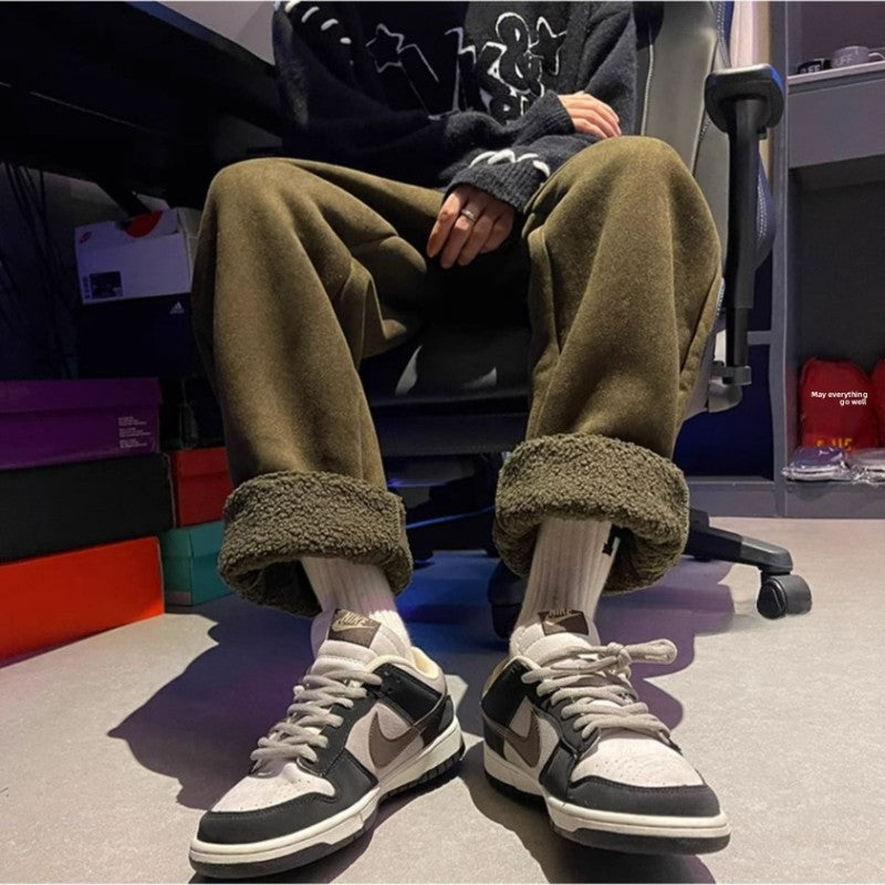 Women's Suede Thickened Straight Leg Pants Korean Style Wide Leg Autumn Winter New Student Fashion Casual Trousers