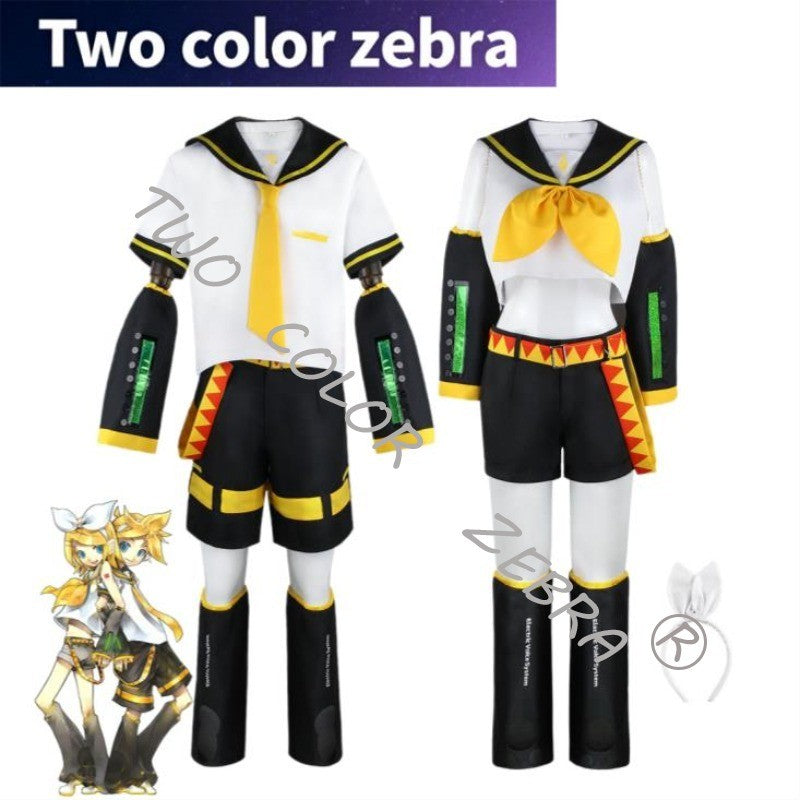 Vocaloid Kagamine Rin Len Cosplay Costume Sailor Uniform Full Set With Yellow Wig For Halloween Christmas Comic Party