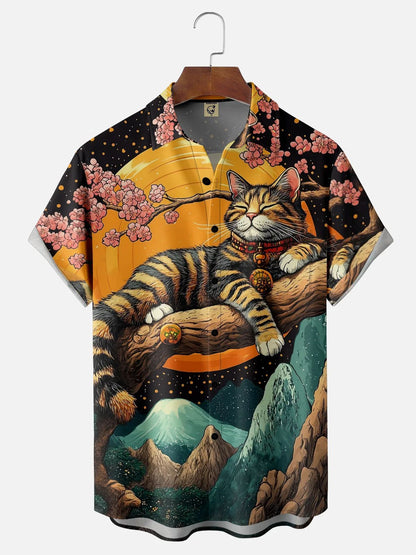 Men's Retro Short Sleeve Shirt Summer Casual Fun Hawaiian Ukiyoe Kitten Fishing Shark Print Lapel Short Sleeve Shirt