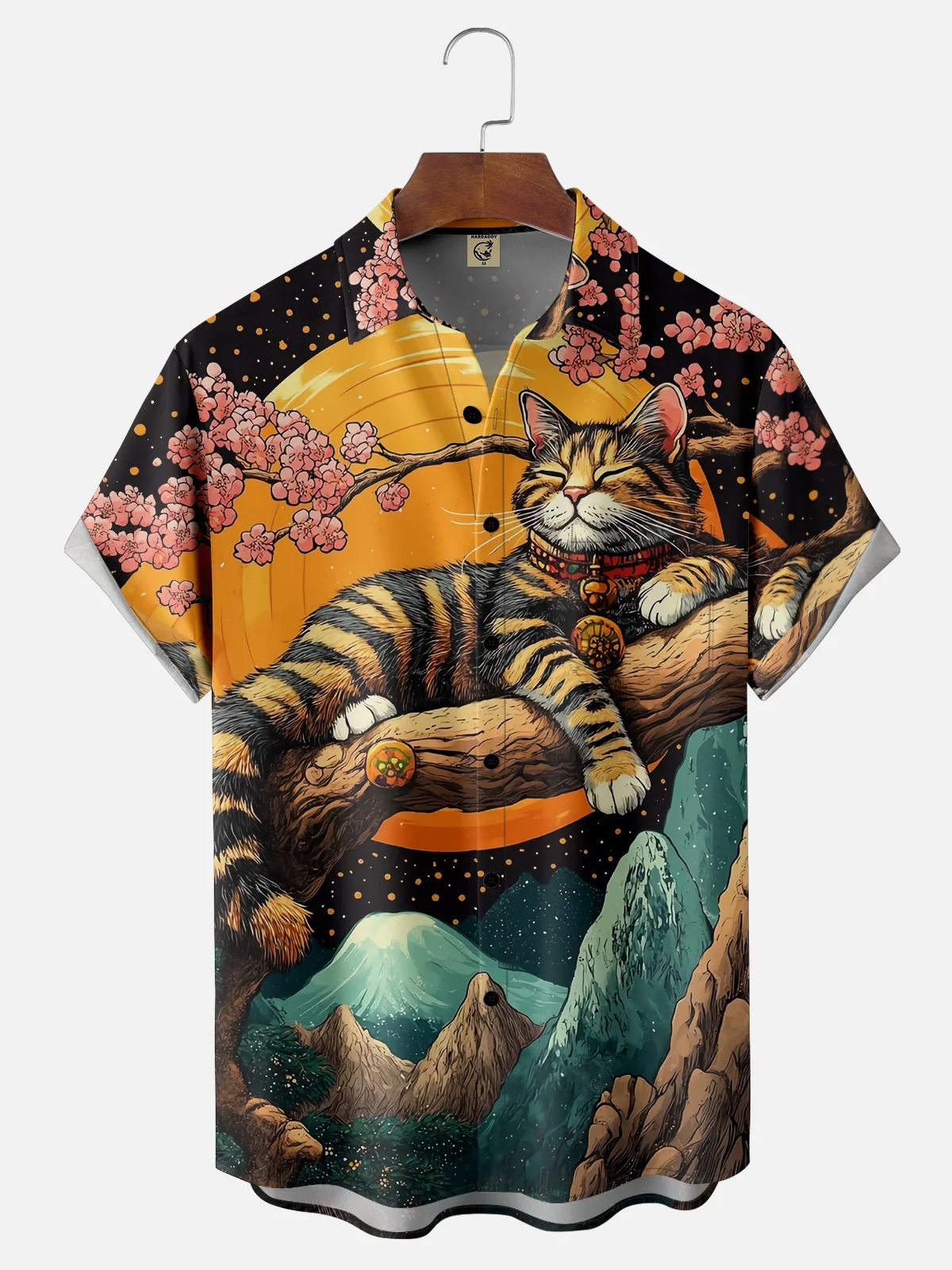 Men's Retro Short Sleeve Shirt Summer Casual Fun Hawaiian Ukiyoe Kitten Fishing Shark Print Lapel Short Sleeve Shirt
