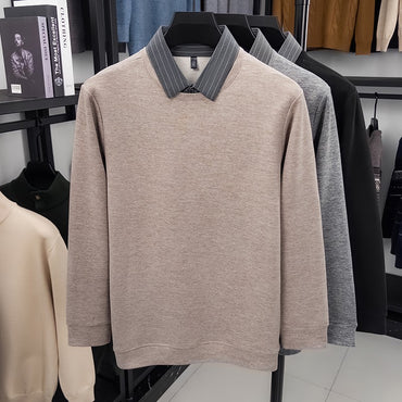 Fake Two-piece Striped Shirt Collar Knitted Sweater Men's Warm and Versatile Casual Woolen Shirt Waffle Top Winter Trend