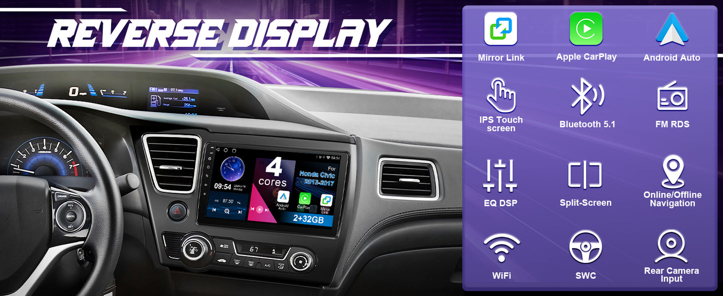 Tela sensível ao toque de 9'' para Honda Civic 2013-2017 Estéreo Android Rádio WiFi GPS Navegação Câmera Traseira FM Player Multimídia Unidade Principal