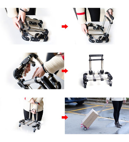 Carrinho de bagagem dobrável completo em aço inoxidável Capacidade de carga de 30kg Fácil de transportar Malas de rodinhas Carrinhos de compras para mochilas escolares