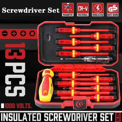Kit de Ferramentas para Eletricistas 13/15pçs 1000V Chaves de Fenda Isoladas Intercambiáveis Magnéticas com Pontas Fenda Kit de Reparo para Eletricistas