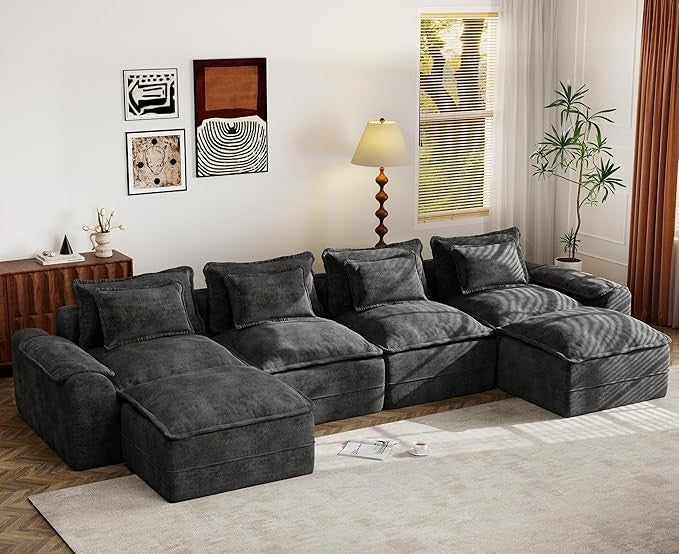 52" Cloud Modular Sectional Couch 4-Seater Sofa with Ottomans U Shaped Couch Deep Seat Sofa with Removable Cover for Living Room