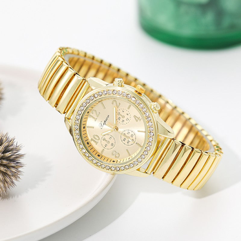 Digital Surface Casual Fake Three-Eye Diamond Watch Women's Fashion Quartz Elastic Band Men's Watch