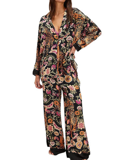 Women Satin Pajamas Set 2 Piece Western Cowgirl Silk Pjs Wide Leg Pants Button Down Loungewear