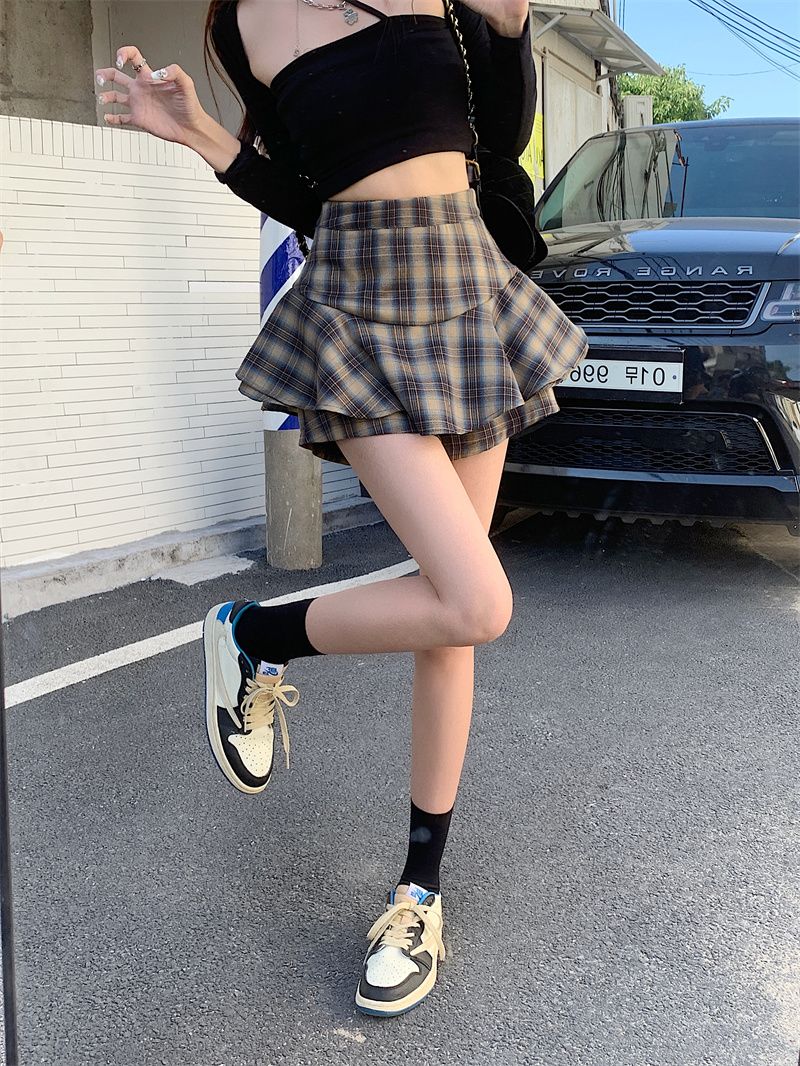 Tiered Mini Skirt Y2K High Waist Tartan Ruffled Plaid Skirt Skort Women Aesthetic Outfit
