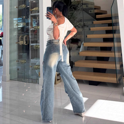 2025 New European and American Women's Clothing Fashion Street Trend Hollow Nail Buckle Old Straight Loose Denim Trousers