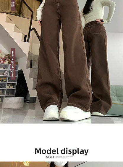 Cafe Brown Versatile Wide Leg Jeans Women's Spring Autumn High Waist Slimming Small Size Loose Drapey Straight Floor-Length Pant