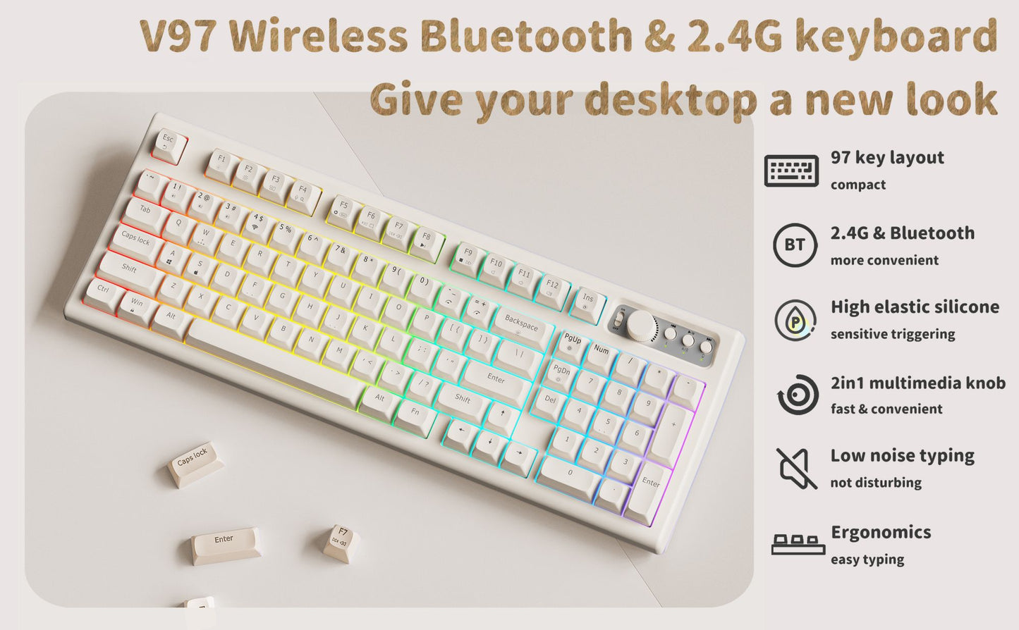 Teclado EWEADN V97 Cute Creamy, Teclado Gamer Sem Fio Bluetooth/2.4GHz com Retroiluminação RGB, Recarregável, Silencioso, para PC Gamer