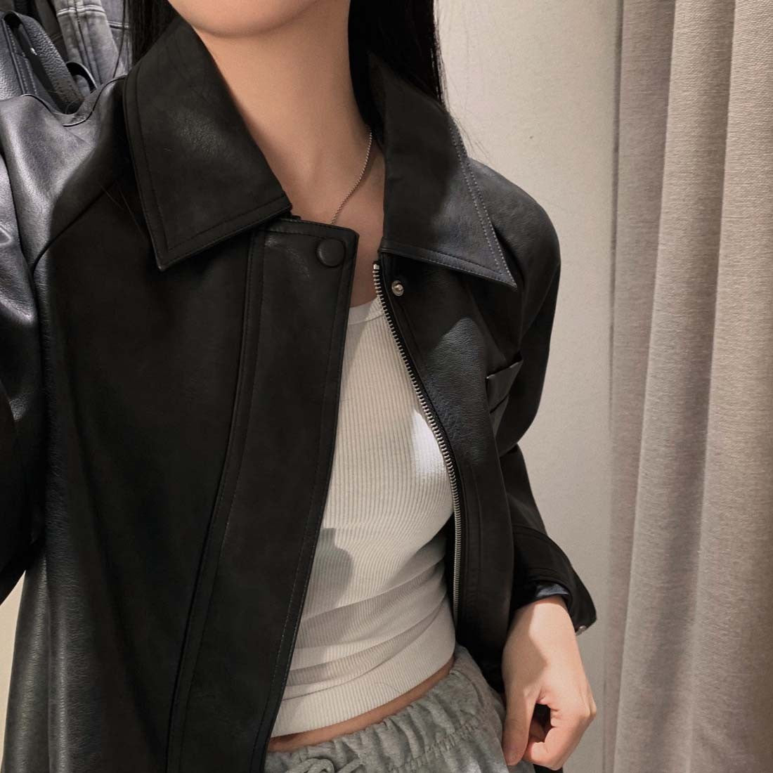 Sli Loose PU Leather Jaet Women's Chic Retro Collar Versatile BF Sle Motorcycle Clothes Trendy Long Sve Zipper