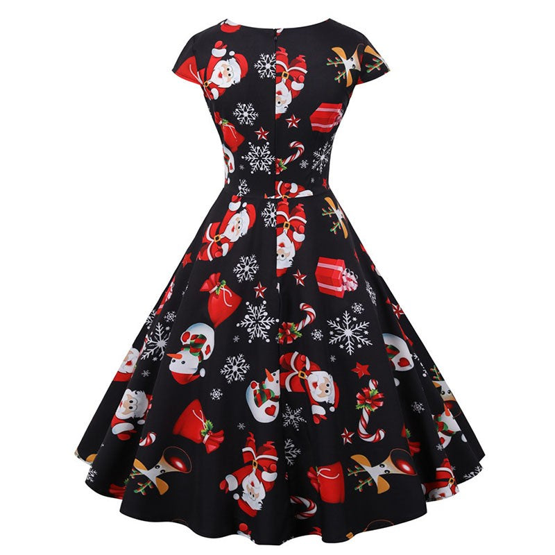 Fashion V-neck Short Sleeve Printed Christmas Dress Large Swing Vintage Elegant Xmas Party Dress