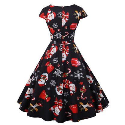 Fashion V-neck Short Sleeve Printed Christmas Dress Large Swing Vintage Elegant Xmas Party Dress
