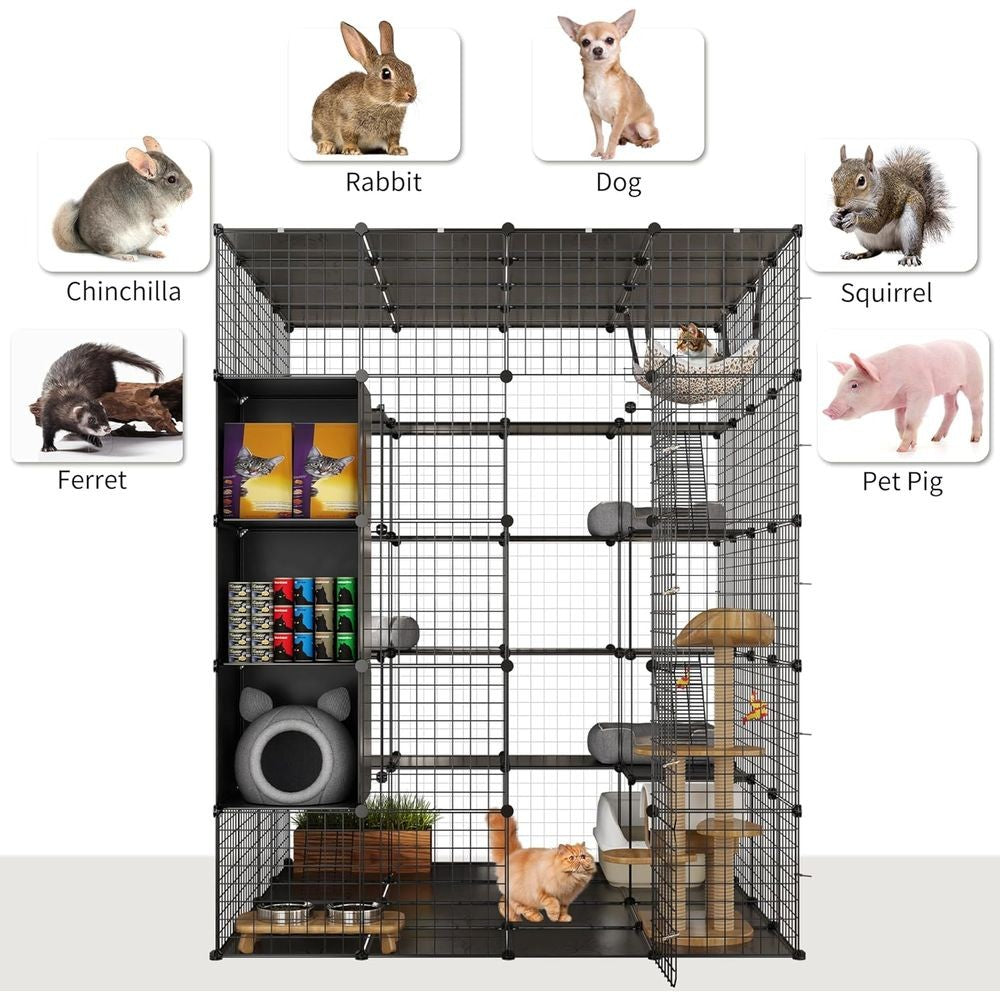 Gaiola Grande Interna com Armazenamento Cubo DIY Gatis Externos Cercados Metálicos com Rede Plataformas para 1-4 Gatos 5 Níveis