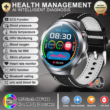Relógio Inteligente Smartwatch Masculino 2026 Health Tracker com Safira e Medição de Ácido Úrico, Gordura Sanguínea, Pressão Arterial e ECG+PPG com Análise Corporal