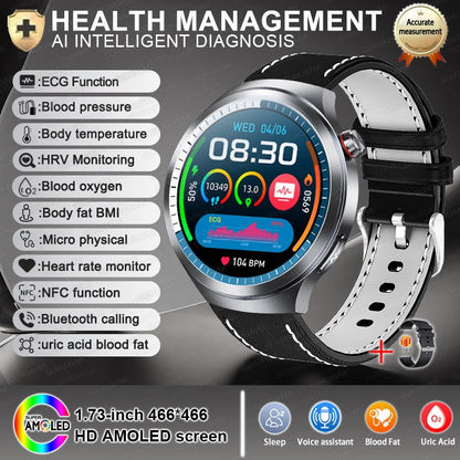 Relógio Inteligente Smartwatch Masculino 2026 Health Tracker com Safira e Medição de Ácido Úrico, Gordura Sanguínea, Pressão Arterial e ECG+PPG com Análise Corporal