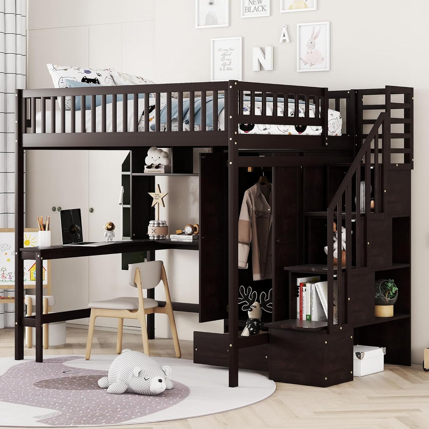Designs Twin Loft Bed with Stairs, Wardrobe, Desk, Bookshelf and Drawers, Solid Wood Loft Bed Frame with Storage - Espresso