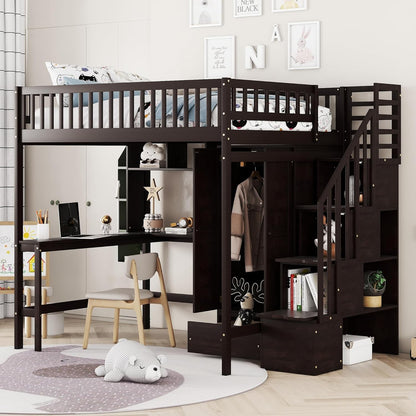 Designs Twin Loft Bed with Stairs, Wardrobe, Desk, Bookshelf and Drawers, Solid Wood Loft Bed Frame with Storage - Espresso