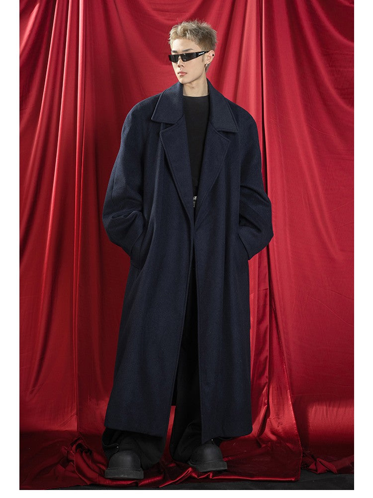Mauroicardi Autumn Winter Oversized Extra Long Warm Navy Blue Wool Blends Coat Men Loose Luxury Designer Woolen Overcoat 2024