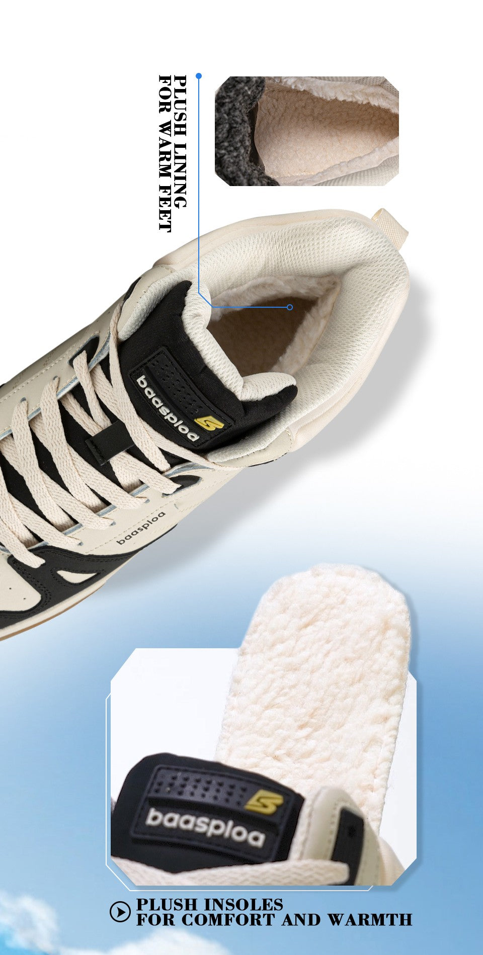 Baasploa Men Winter Sneakers Casual Skateboard Shoes for Men Comfort Plush Warm Cotton Shoes Non-Slip Outdoor Male Sneakers