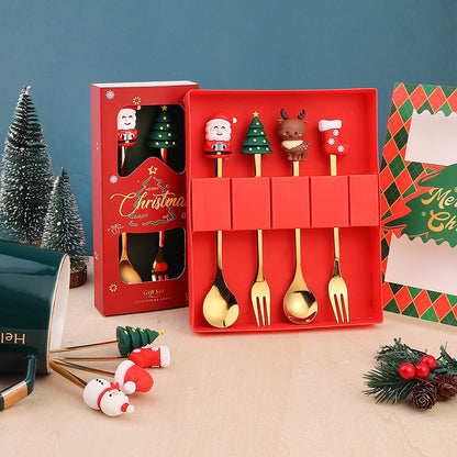 Christmas Themed Cutlery Gift Set 2/4/6pcs Stainless Steel Forks Spoons for Dessert, Creative Holiday Tableware Coffee Tea Party