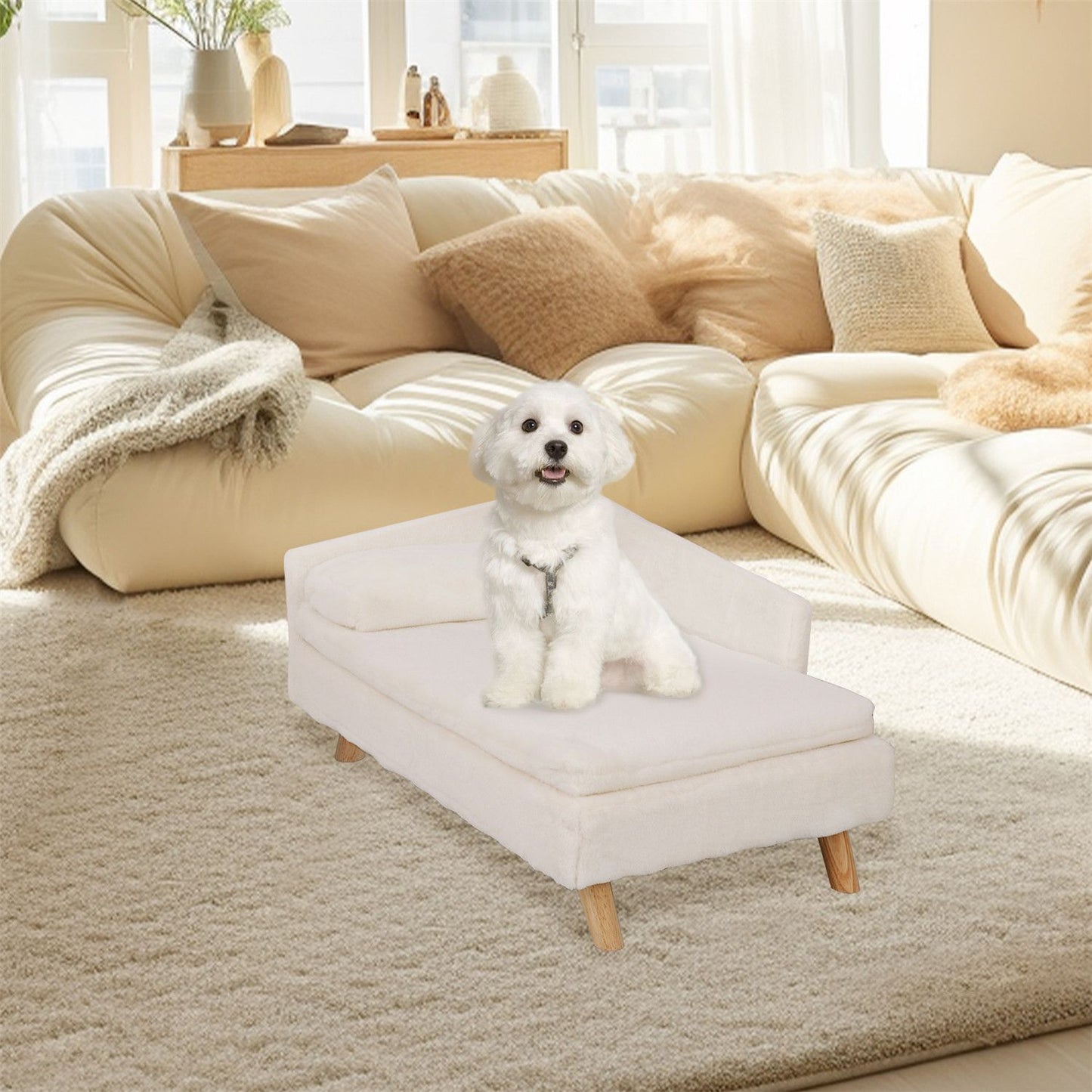 Cama Elevada para Animais de Estimação, Cama Nórdica para Animais de Estimação com Almofada Aconchegante Impermeável, Sofá-Cama para Animais de Estimação com Pernas de Madeira Resistentes para Cães e Gatos Pequenos