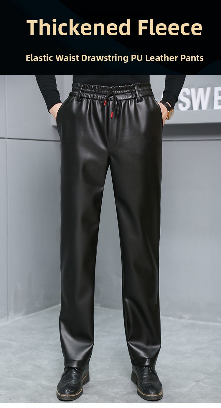 Men's Loose High-Waisted Fce-Lined Thiened Motorcycle Leather Pants Windproof Waterproof Busin Casual Long Trousers