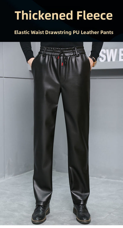 Men's Loose High-Waisted Fce-Lined Thiened Motorcycle Leather Pants Windproof Waterproof Busin Casual Long Trousers