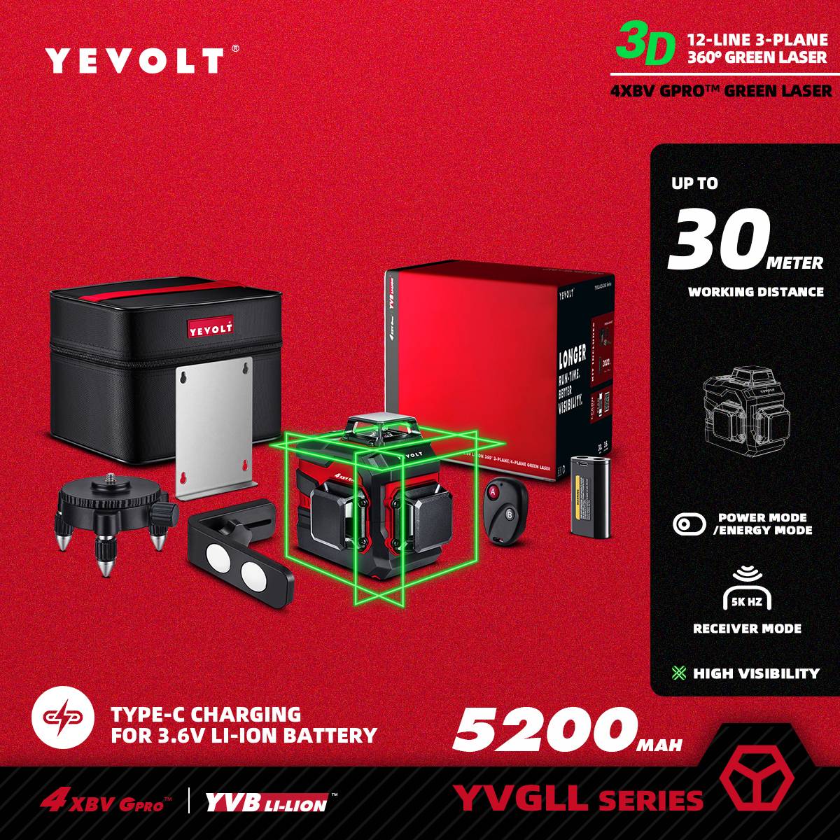 Nível a Laser Verde YEVOLT YVGLL4XS-Series 3/4 Planos 12/16 Linhas Autonivelante 360 3D/4D Horizontal e Vertical Ferramenta de Medição de Energia