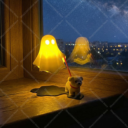 Cute Ghost LED Night Light with Dog Figure - Spooky Desk Lamp, Halloween Decor, Warm Light for Bedroom